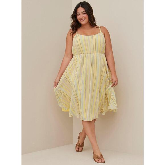 NWT Torrid Midi Chiffon Pleated Sleeveless Dress in Yellow Stripe, Size 3X 22-24 - Picture 1 of 11